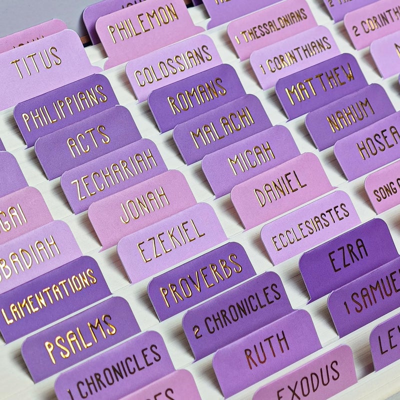 Uzriyl Laminated Bible Tabs, Bible Study Supplies, Large Print Bible Book Tabs for Women and Men, (Gold Foil Embossed Lettering) Bible Labels Index Tabs, Bible Accessories for Easy Navigation(Gentle Purple) - Image 4